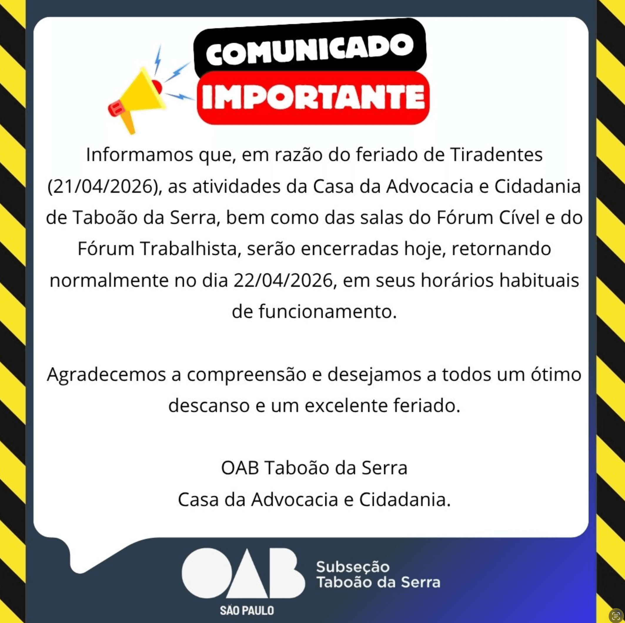 Comunicado: Expediente Feriado de Tiradentes
