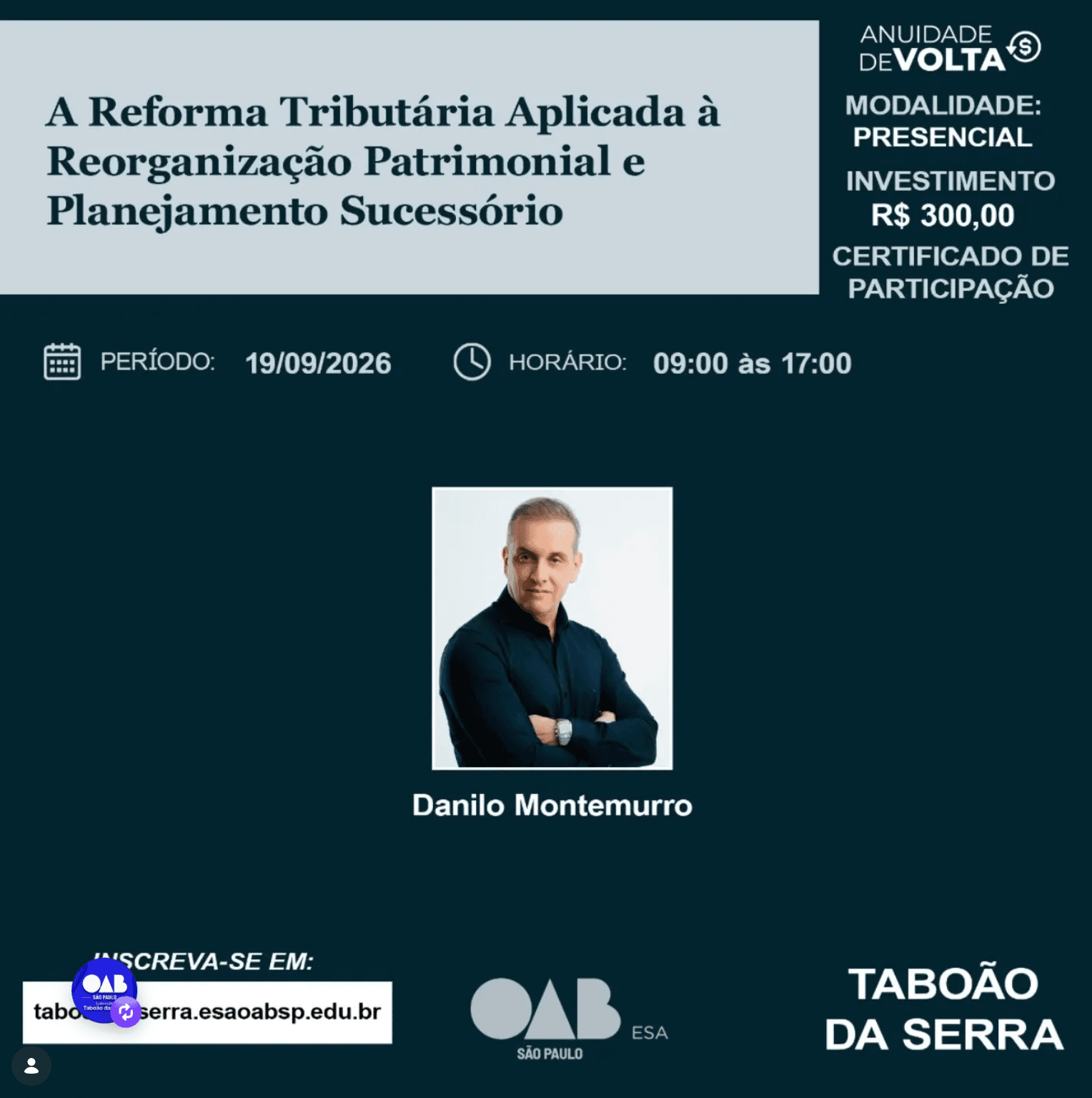 📙 ESA Taboão: Curso de extensão: A Reforma Tributária aplicada à reorganização patrimonial e planejamento sucessório