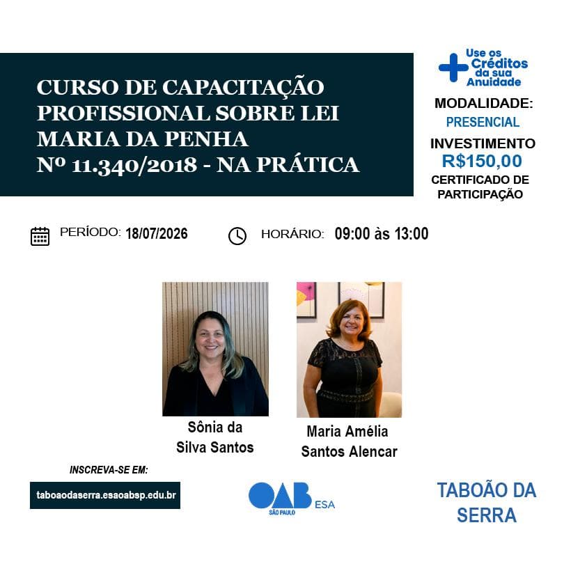 📙 ESA Taboão: Curso de capacitação profissional sobre Lei Maria da Penha Nº 11.340/2018 - na prática